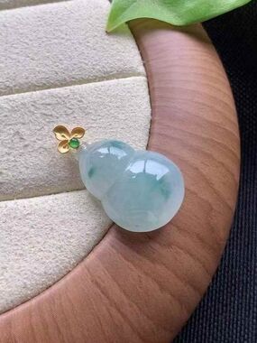 Untreated Authentic Floating Green Jade Gourd Mini Pendant with Gold Flower Bail
